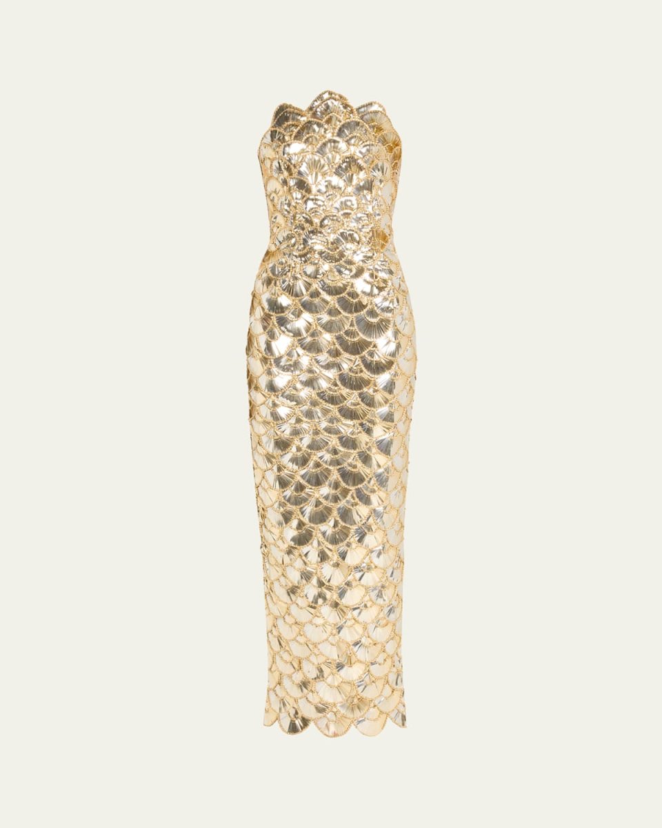 Strapless Sequined Scallop Column Gown